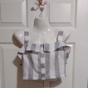 Lush Gray/White Striped Ruffle Cropped Tank Medium 🆕